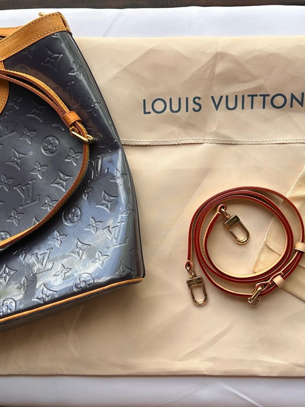 Louis Vuitton Blue Vernis Shoulder Bag with Tan Trim and Red Strap